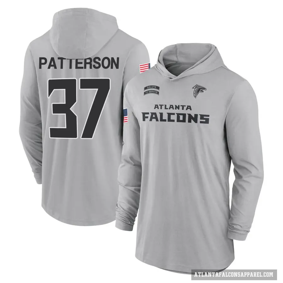 Youth ＃37 Riley Patterson Atlanta Falcons Gray 2024 Salute to Service Lightweight Performance Long Sleeve Hooded T-Shirt