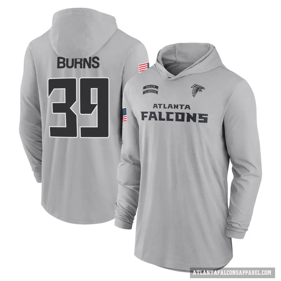 Youth ＃39 Robert Burns Atlanta Falcons Gray 2024 Salute to Service Lightweight Performance Long Sleeve Hooded T-Shirt