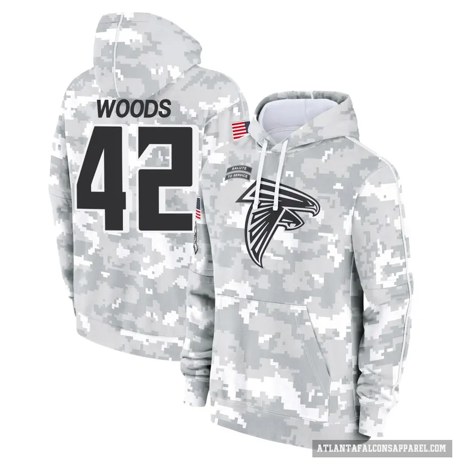 Youth ＃42 Josh Woods Atlanta Falcons Arctic Camo 2024 Salute to Service Club Fleece Pullover Hoodie