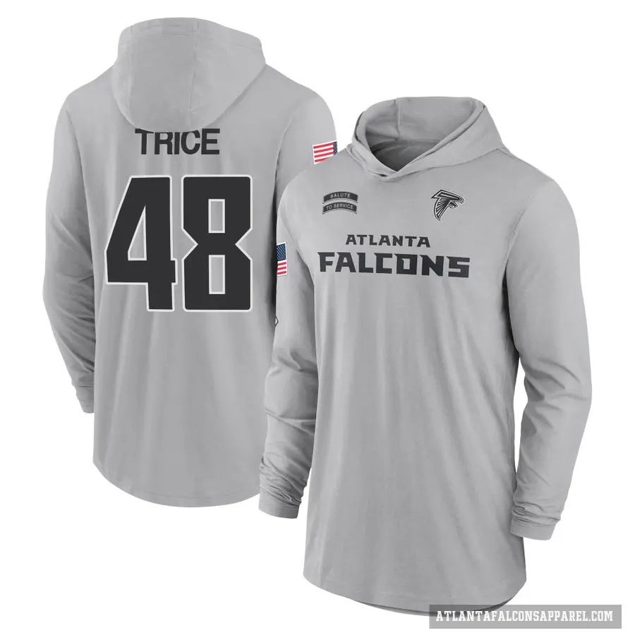 Youth ＃48 Bralen Trice Atlanta Falcons Gray 2024 Salute to Service Lightweight Performance Long Sleeve Hooded T-Shirt