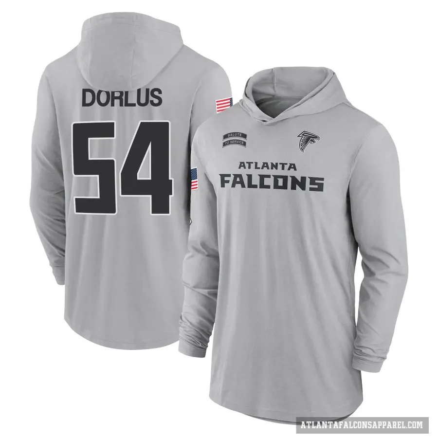 Youth ＃54 Brandon Dorlus Atlanta Falcons Gray 2024 Salute to Service Lightweight Performance Long Sleeve Hooded T-Shirt