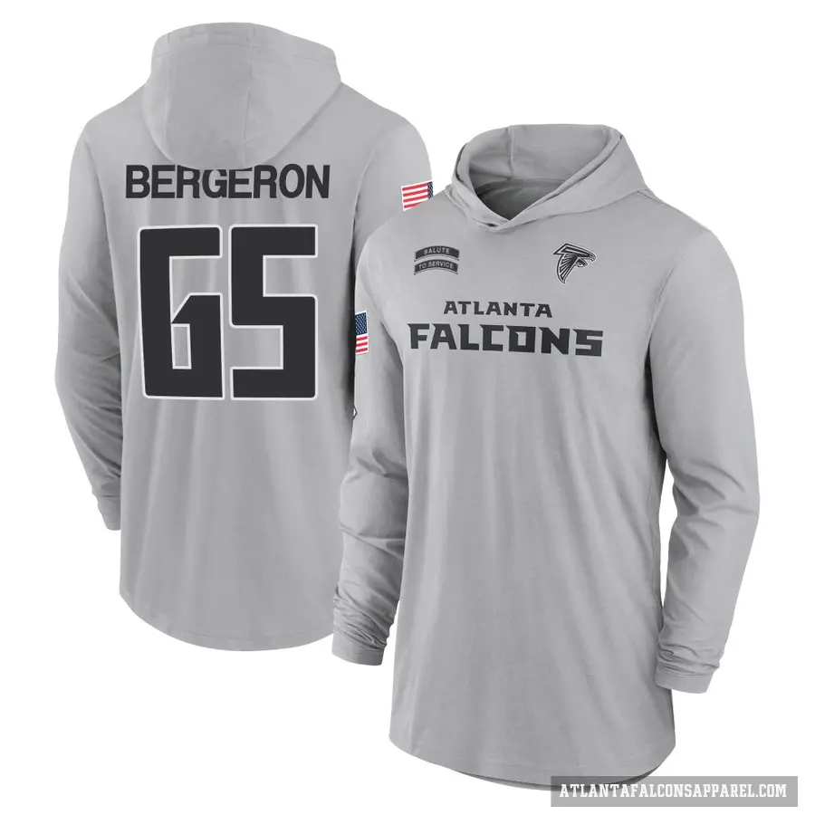 Youth ＃65 Matthew Bergeron Atlanta Falcons Gray 2024 Salute to Service Lightweight Performance Long Sleeve Hooded T-Shirt