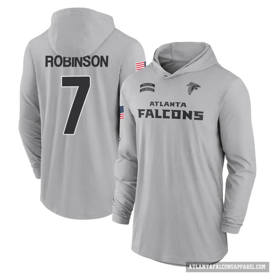 Youth ＃7 Bijan Robinson Atlanta Falcons Gray 2024 Salute to Service Lightweight Performance Long Sleeve Hooded T-Shirt
