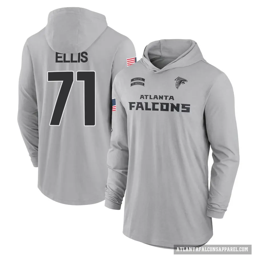 Youth ＃71 Justin Ellis Atlanta Falcons Gray 2024 Salute to Service Lightweight Performance Long Sleeve Hooded T-Shirt