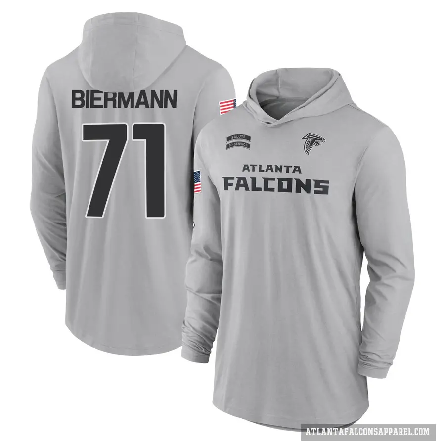 Youth ＃71 Kroy Biermann Atlanta Falcons Gray 2024 Salute to Service Lightweight Performance Long Sleeve Hooded T-Shirt