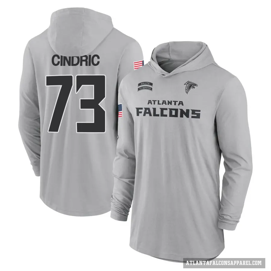 Youth ＃73 Matthew Cindric Atlanta Falcons Gray 2024 Salute to Service Lightweight Performance Long Sleeve Hooded T-Shirt