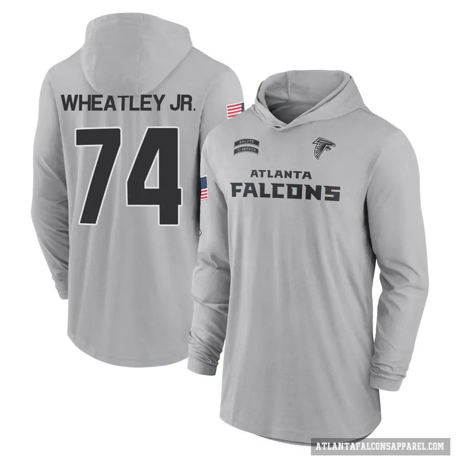 Youth ＃74 Tyrone Wheatley Jr. Atlanta Falcons Gray 2024 Salute to Service Lightweight Performance Long Sleeve Hooded T-Shirt