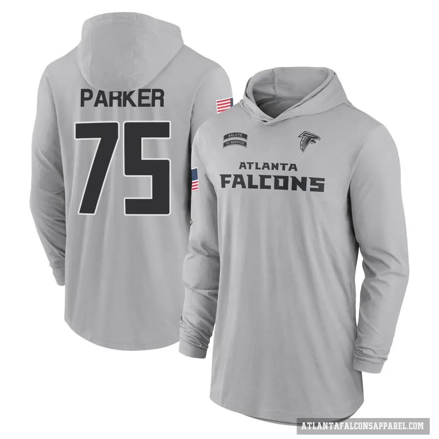 Youth ＃75 Brandon Parker Atlanta Falcons Gray 2024 Salute to Service Lightweight Performance Long Sleeve Hooded T-Shirt
