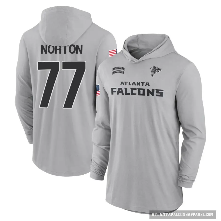 Youth ＃77 Storm Norton Atlanta Falcons Gray 2024 Salute to Service Lightweight Performance Long Sleeve Hooded T-Shirt