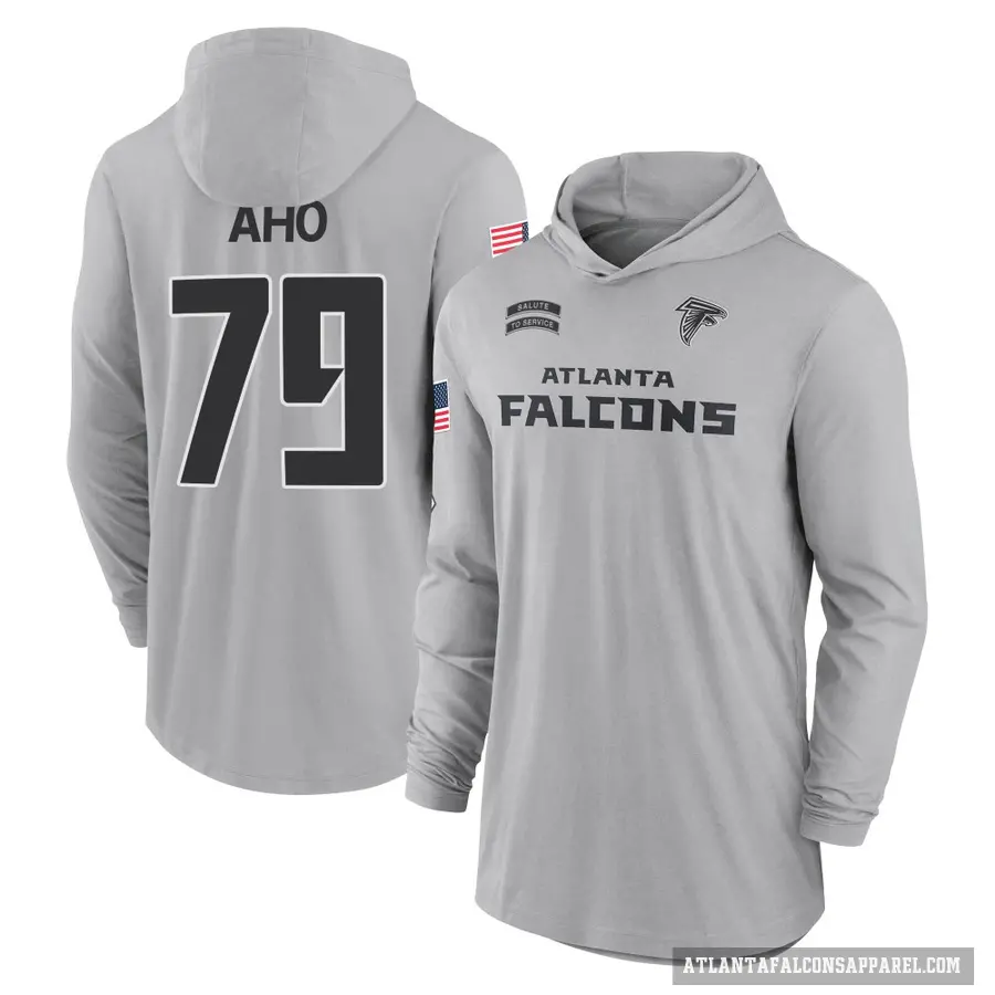 Youth ＃79 Junior Aho Atlanta Falcons Gray 2024 Salute to Service Lightweight Performance Long Sleeve Hooded T-Shirt