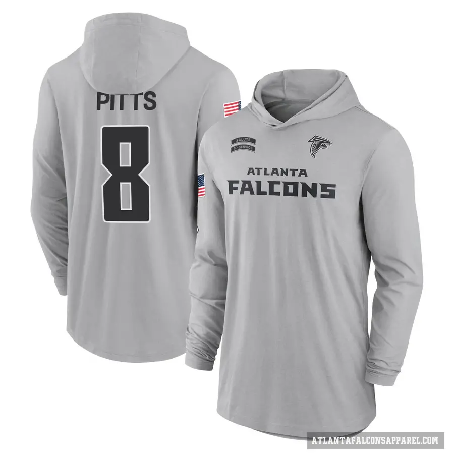 Youth ＃8 Kyle Pitts Atlanta Falcons Gray 2024 Salute to Service Lightweight Performance Long Sleeve Hooded T-Shirt