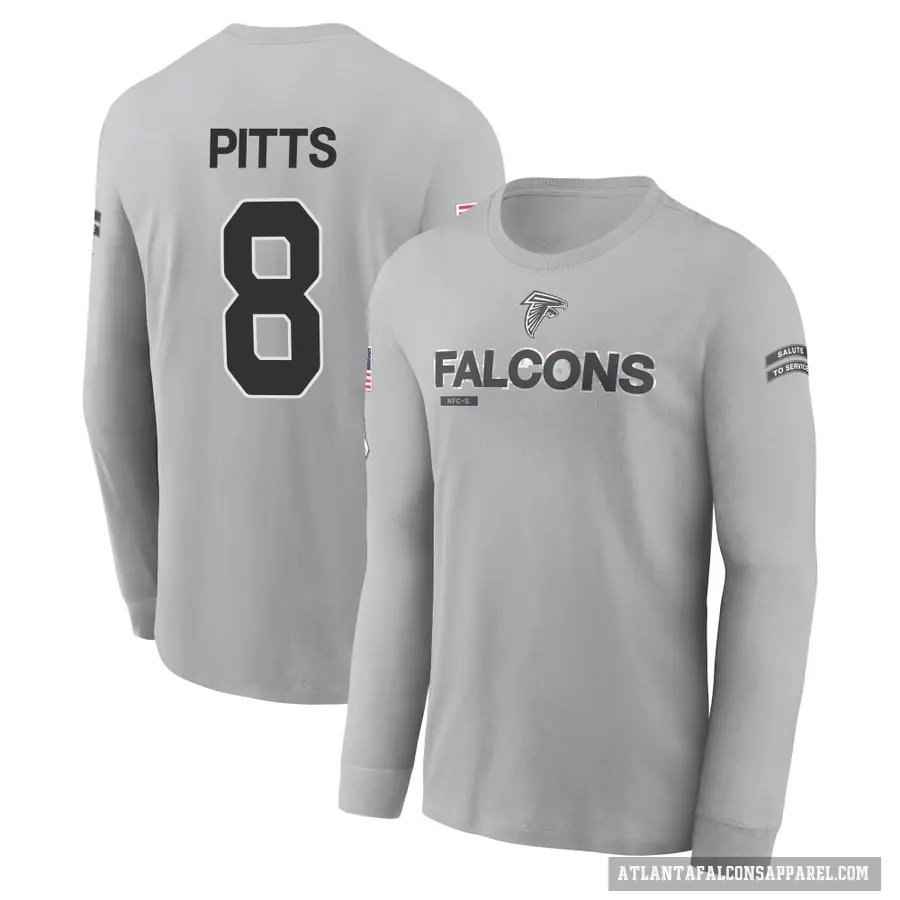 Youth ＃8 Kyle Pitts Atlanta Falcons Gray 2024 Salute to Service Long Sleeve T-Shirt