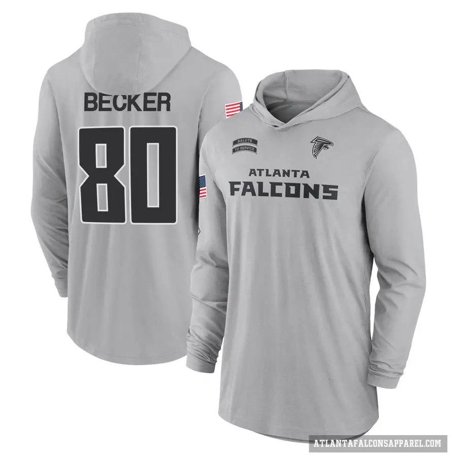 Youth ＃80 Ryan Becker Atlanta Falcons Gray 2024 Salute to Service Lightweight Performance Long Sleeve Hooded T-Shirt