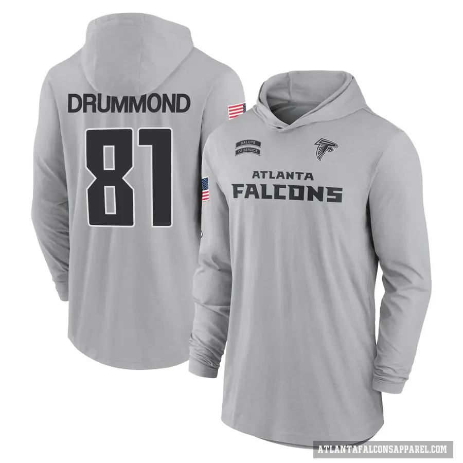 Youth ＃81 Dylan Drummond Atlanta Falcons Gray 2024 Salute to Service Lightweight Performance Long Sleeve Hooded T-Shirt