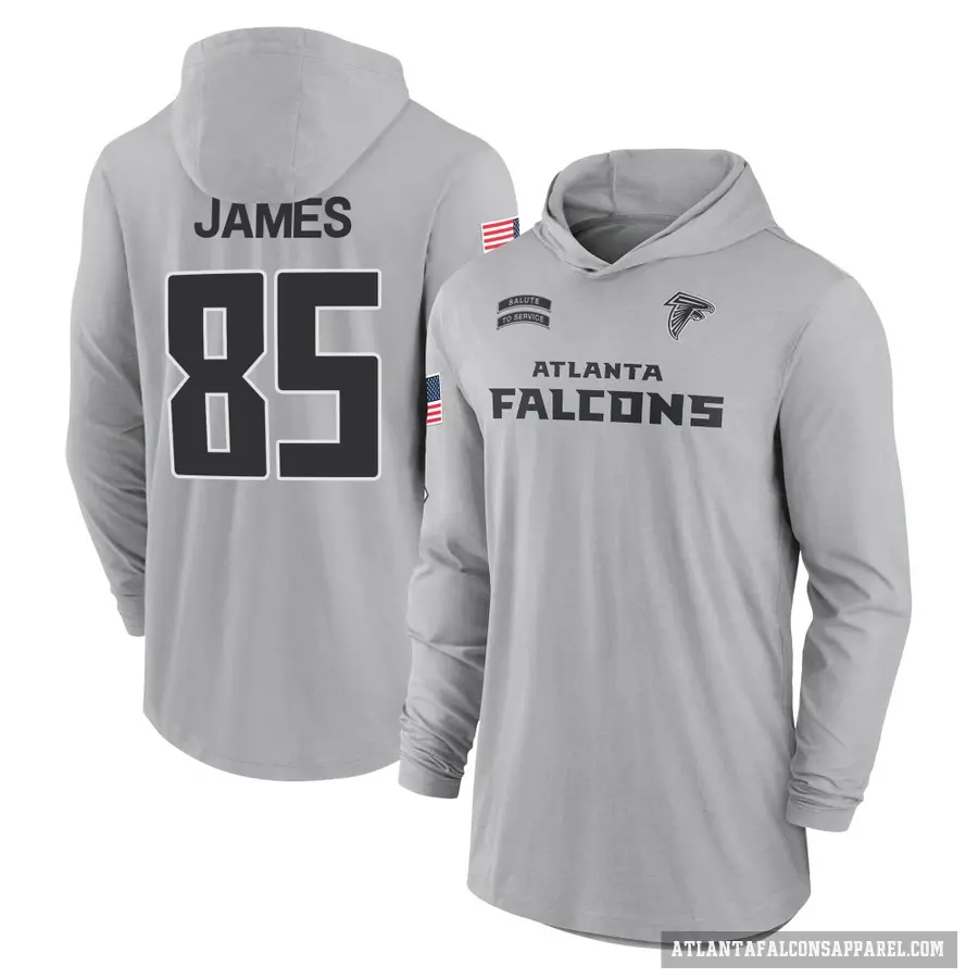 Youth ＃85 Tyshaun James Atlanta Falcons Gray 2024 Salute to Service Lightweight Performance Long Sleeve Hooded T-Shirt