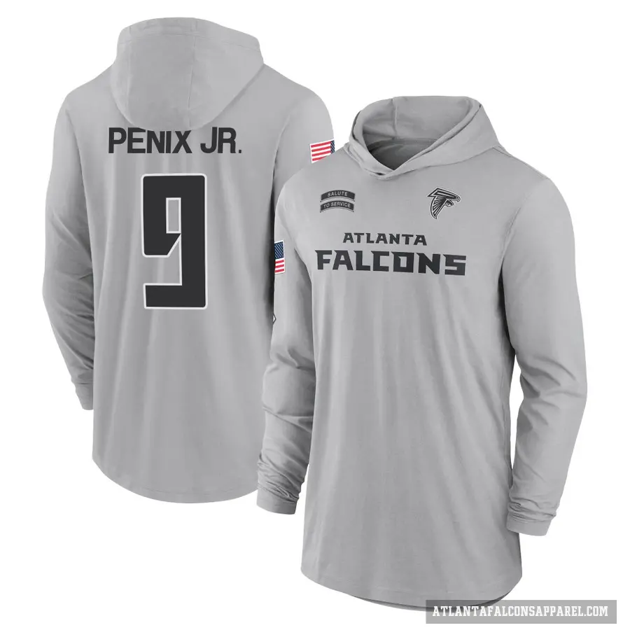 Youth ＃9 Michael Penix Jr. Atlanta Falcons Gray 2024 Salute to Service Lightweight Performance Long Sleeve Hooded T-Shirt