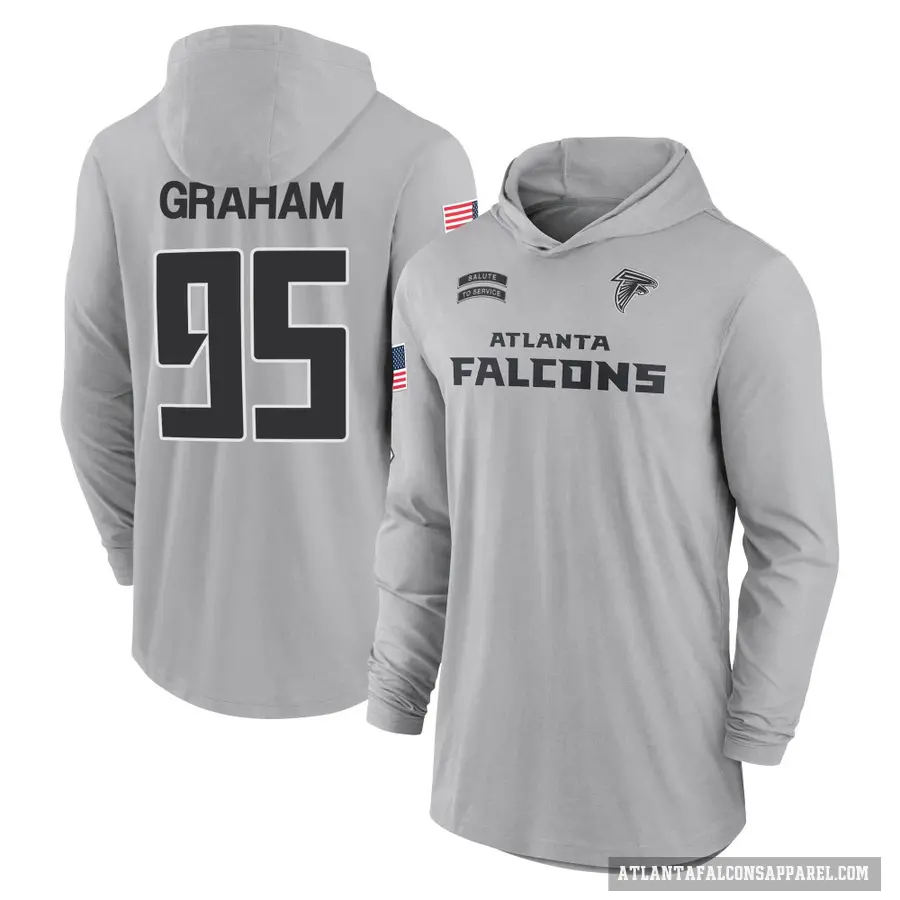 Youth ＃95 Ta'Quon Graham Atlanta Falcons Gray 2024 Salute to Service Lightweight Performance Long Sleeve Hooded T-Shirt